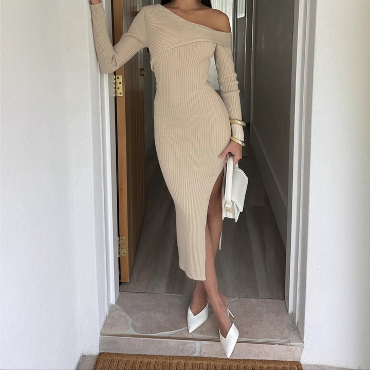 Damen nan eng anliegendes One-Shoulder-Rippenkleid mit asymmetrischem Ausschnitt und figurbetonter Midi-Silhouette Drune
