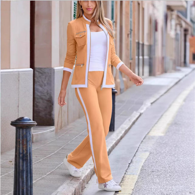 Damen Casual-Trainingsanzug im Blazer-Stil mit Reißverschlussjacke und Seitenstreifen Drune