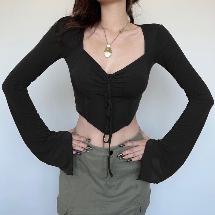 Damen Cropped-Top mit Raffung und ausgestellten Ärmeln Drune