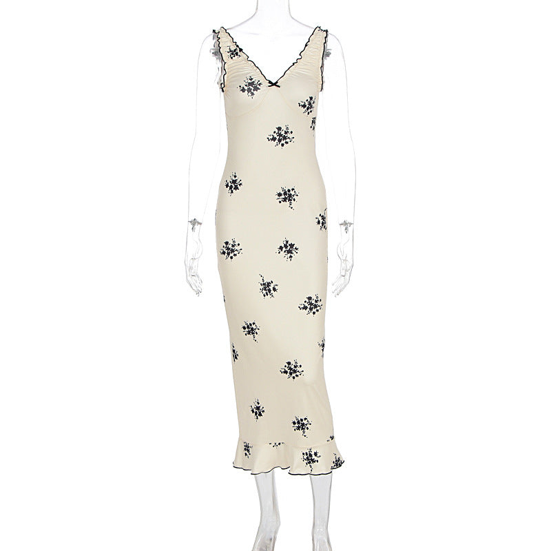 Damen Elegantes Maxikleid mit floralen Motiven und Rüschen Drune