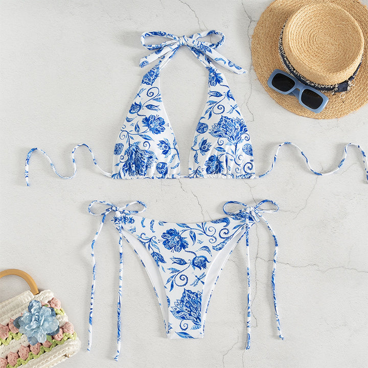 Damen Triangel-Bikini mit floralem Design und verstellbaren Bindebändern Drune