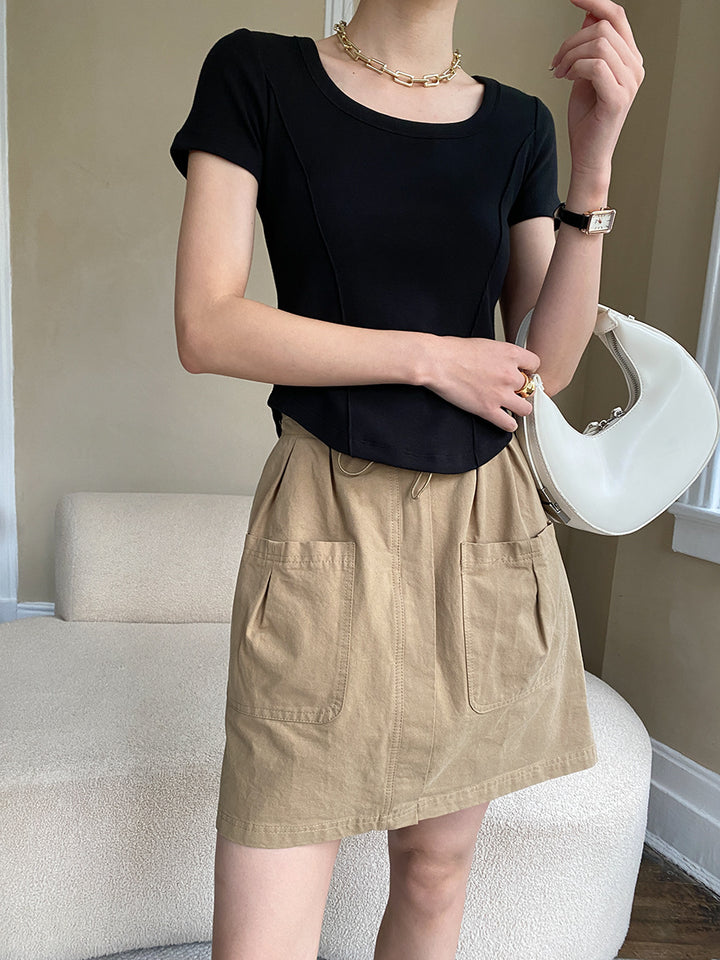 Damen figurbetontes Ripp-T-Shirt mit Rundhalsausschnitt Drune