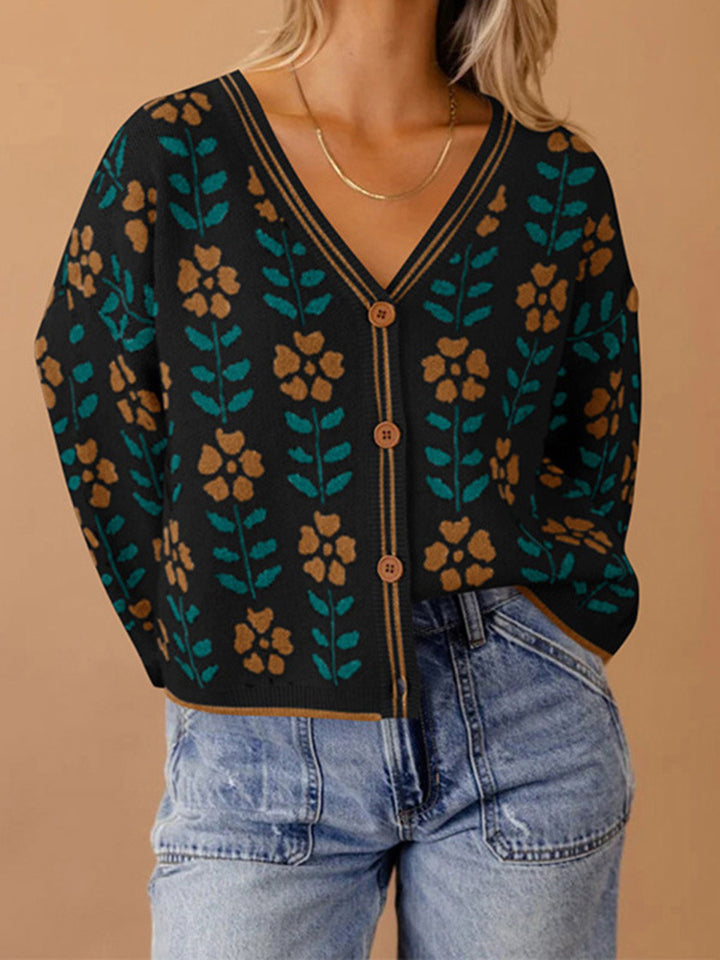 Damen Strickjacke mit floralem Design und Knopfdetails Drune