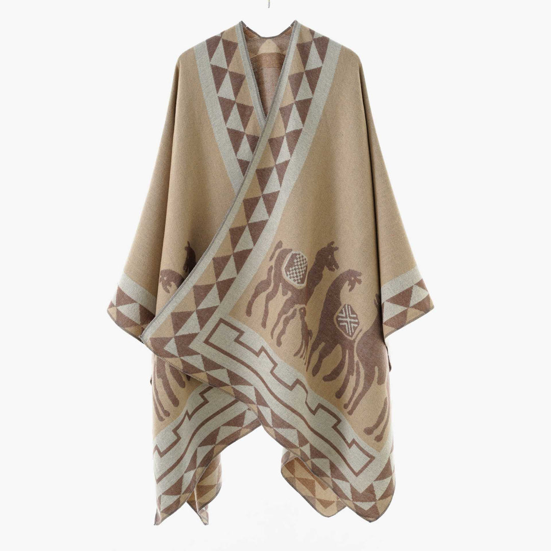Damen Jacquard-Poncho mit Reitmotiv und geometrischem Bordürenmuster Drune