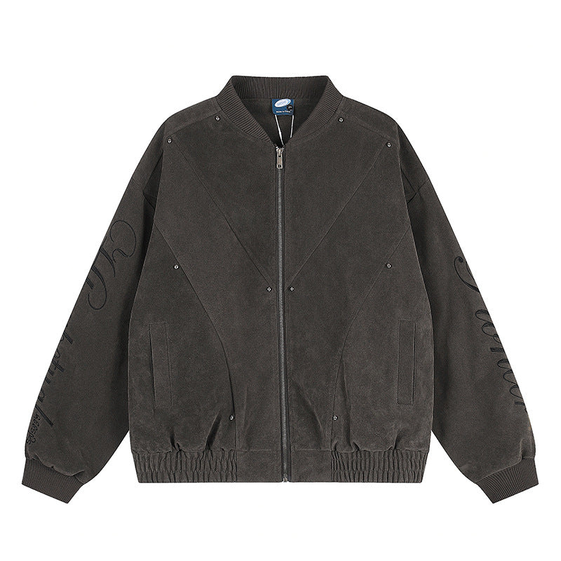 Damen Oversize-Bomberjacke im Velours-Look mit Script-Ärmeln und Metallnieten Drune