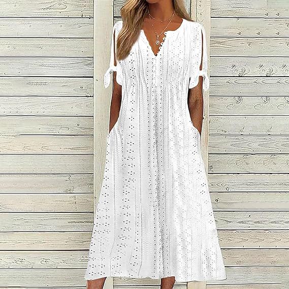 Damen Midikleid mit luftiger Stickdetails und praktischen Seitentaschen Drune