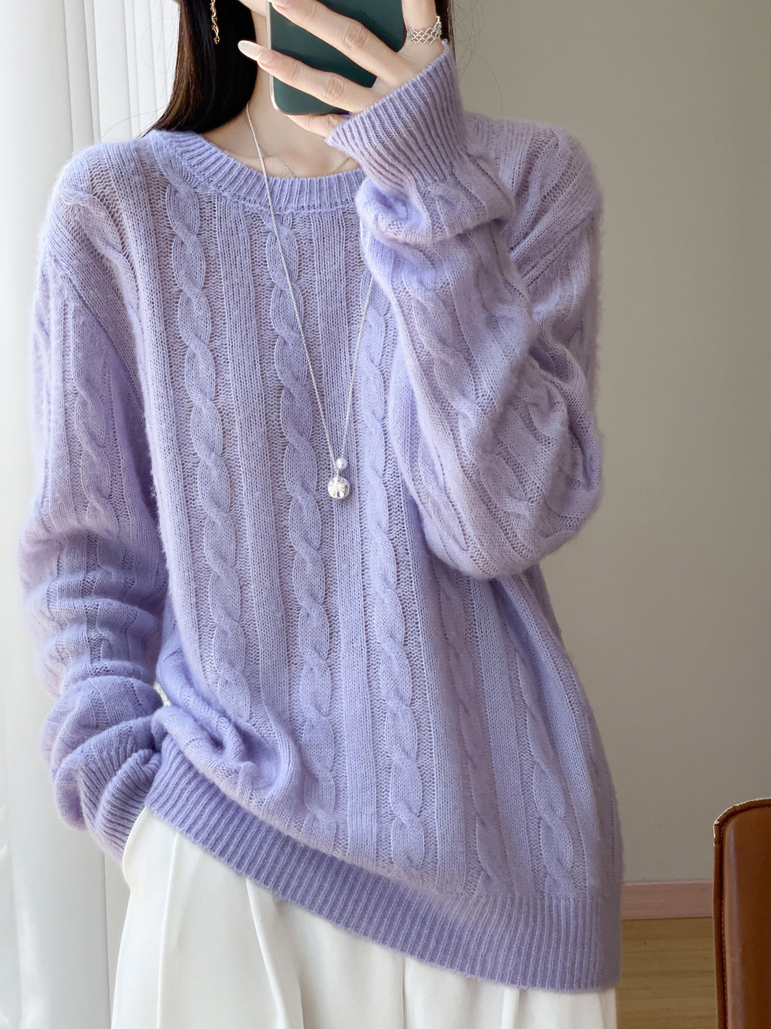 Damen Übergrößen Zopfmuster-Pullover im Mohair-Look mit geripptem Saum Drune
