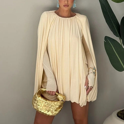 Damen Cape-Minikleid mit Faltenwurf und seitlichen Ärmelschlitzen Drune