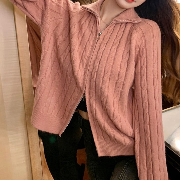 Damen Strickjacke mit Zopfdesign und hohem Kragen Drune