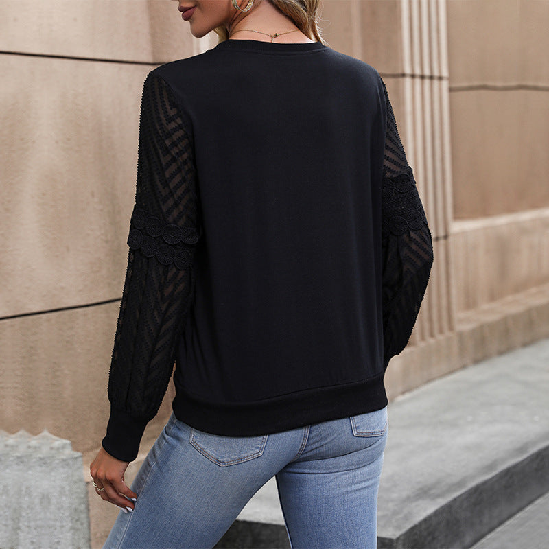 Damen Elegant-lässiges Langarmshirt mit Rundhalsausschnitt und gehäkelten Spitzenärmeln Drune