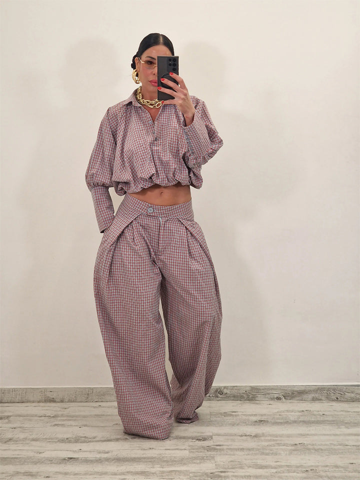 Damen Zweiteiliges kariertes Set mit Cropped Oversize-Hemd und weiter Bundfaltenhose Drune