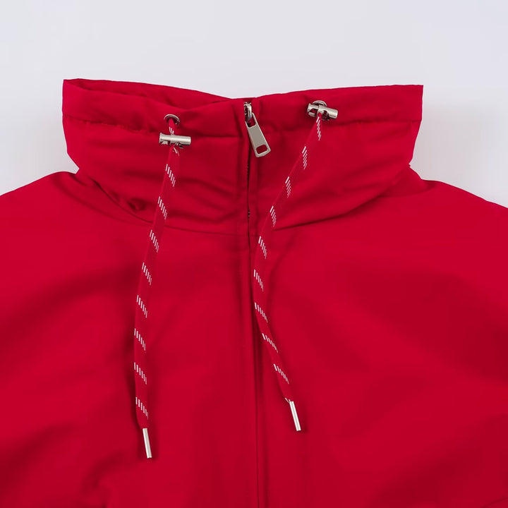Damen Cropped Oversize Windbreaker mit hohem Funnelkragen, Kordelzug und gerafftem Elastikbund Drune