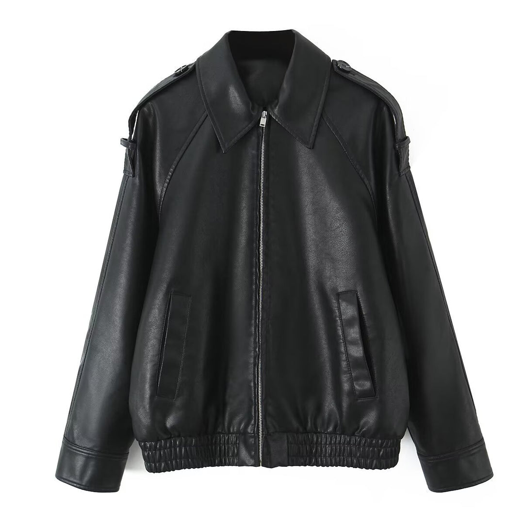Damen Oversized Lederimitat-Flightjacke mit Bonded-Kragen, Schulterklappen und elastischem Saum Drune
