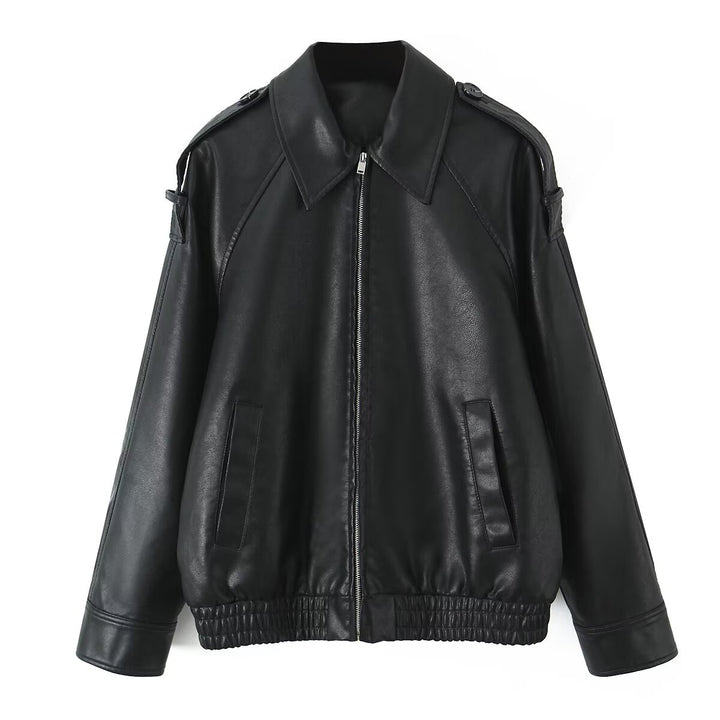 Damen Oversized Lederimitat-Flightjacke mit Bonded-Kragen, Schulterklappen und elastischem Saum Drune