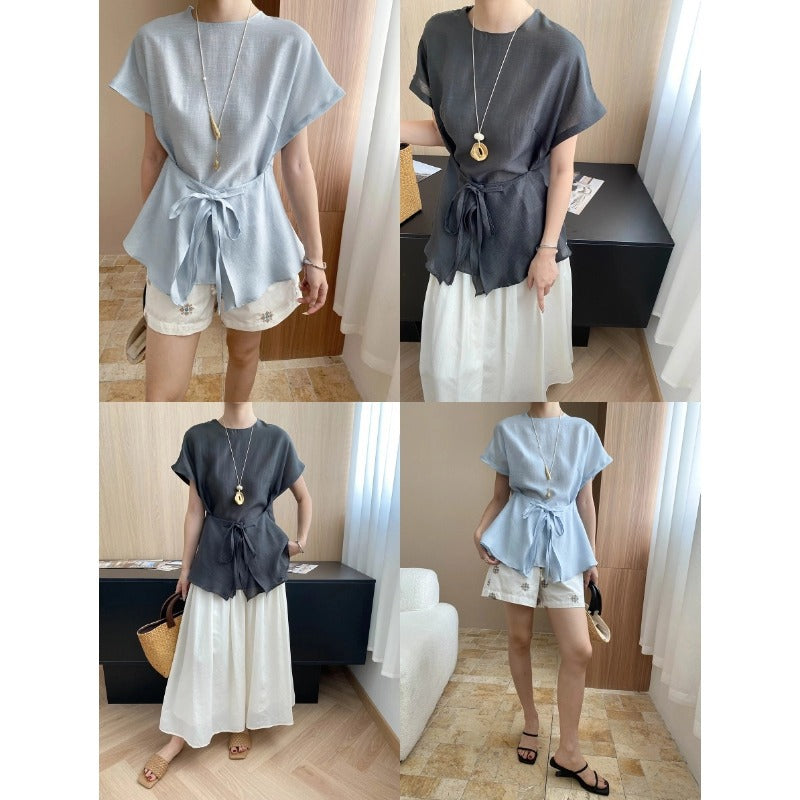 Damen elegantes Oberteil mit seitlichem Bindegürtel und voluminösen Ärmeln Drune