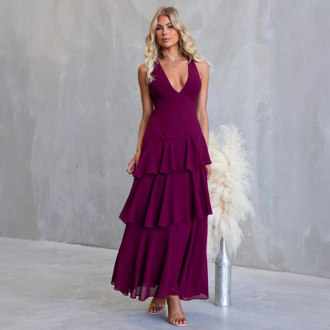 Damen Maxikleid mit verführerischen Rüschenschichten und tiefem V-Ausschnitt Drune