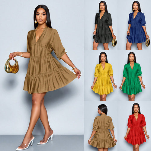 Damen Stufiges Mini‑Kleid mit V‑Ausschnitt und gerafften Dreiviertelärmeln Drune