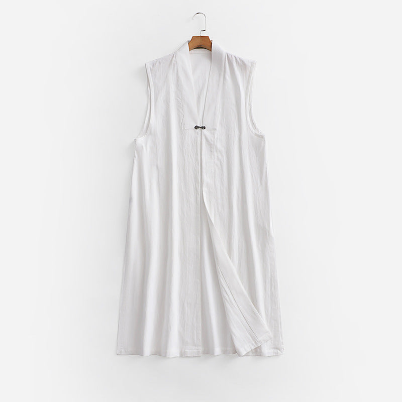 Damen Langer ärmelloser Kimono-Weste aus Leinenmix mit schmaler Schalkante und dekorativem Knebelverschluss Drune
