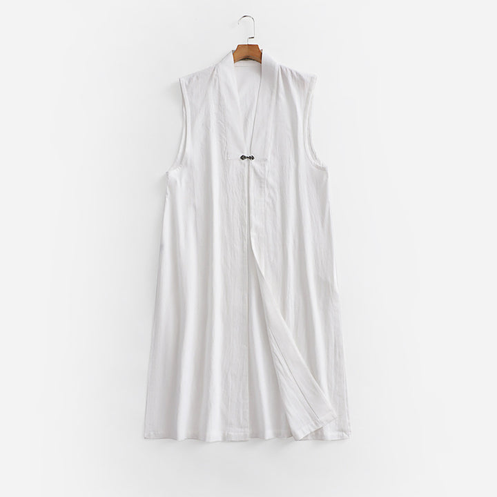 Damen Langer ärmelloser Kimono-Weste aus Leinenmix mit schmaler Schalkante und dekorativem Knebelverschluss Drune