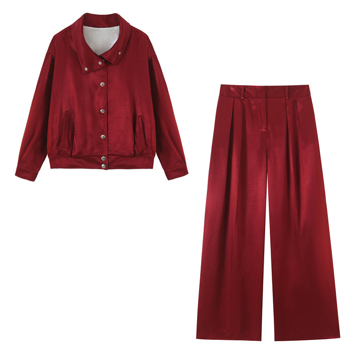 Damen Hochtaillierte Satin-Hose mit weitem Bein und Bundfalten Drune