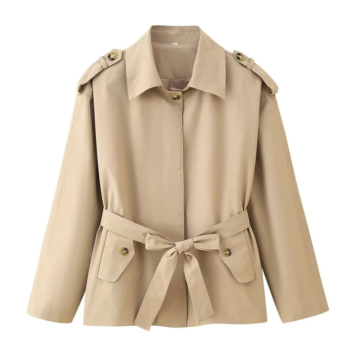 Damen nan taillierte Kurztrenchjacke mit Bindegürtel, Schulterklappen und Pattentaschen Drune