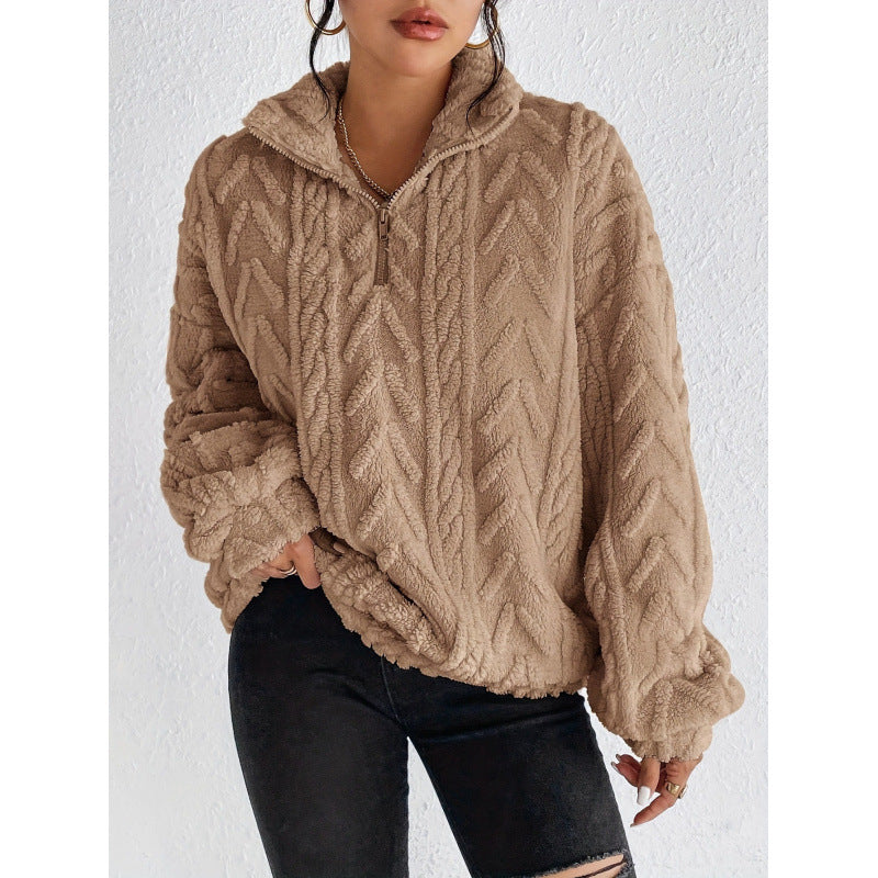 Damen Trendiger Fleece-Pullover mit hohem Kragen und Struktur Drune