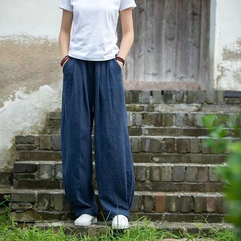 Damen weite Leinenhose mit elastischem Bund und seitlichen Taschen Drune