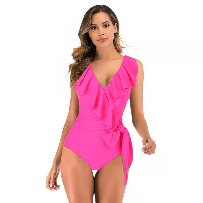 Damen Einteiliger Badeanzug mit raffinierten Rüschendetails und eleganter Schleife Drune