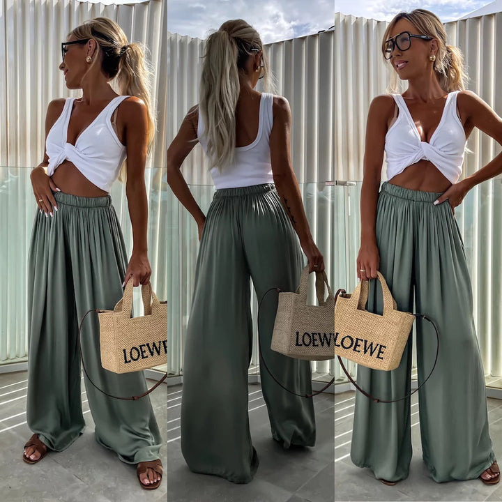 Damen weit geschnittene Palazzo-Hose mit hohem elastischem Bund und fließendem Jersey Drune