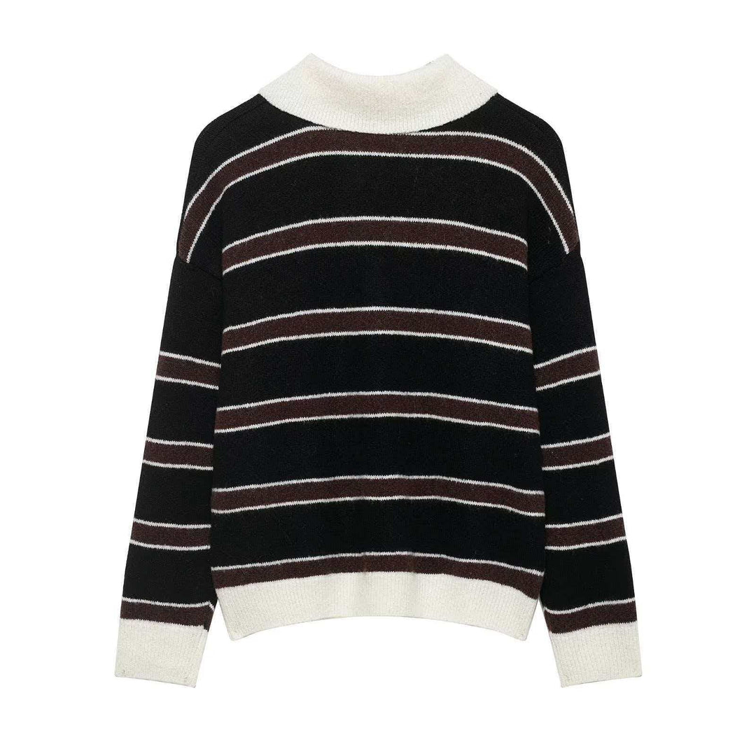 Damen lässiger Strickpullover mit Kragen und Knopfleiste Drune