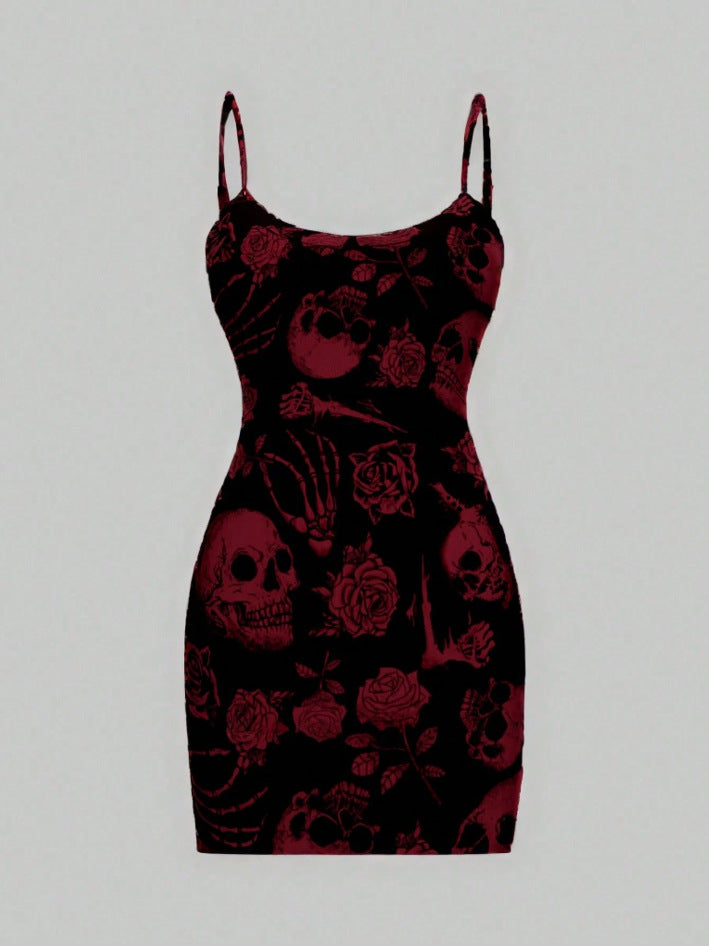 Damen edgy Minikleid mit Totenkopf- und Rosenmotiv Drune