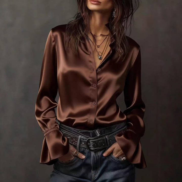Damen Elegante Seidenbluse mit Raffungen an den Ärmeln Drune