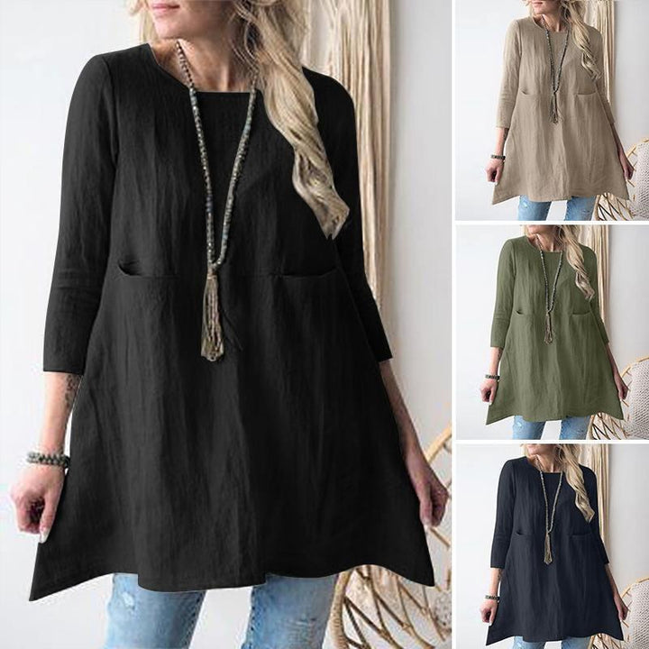 Damen Lässige A-Linien Tunika mit 3/4-Ärmeln und Eingrifftaschen Drune