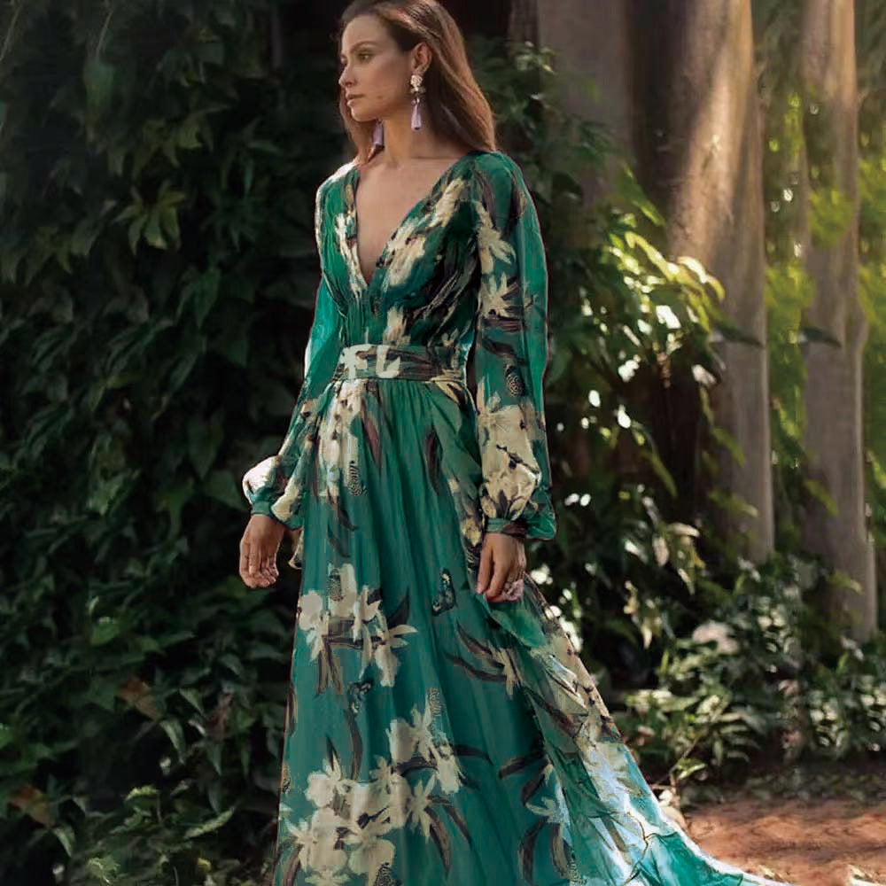 Drune | 3/4 Arm V-Ausschnitt Maxikleid für Eleganz