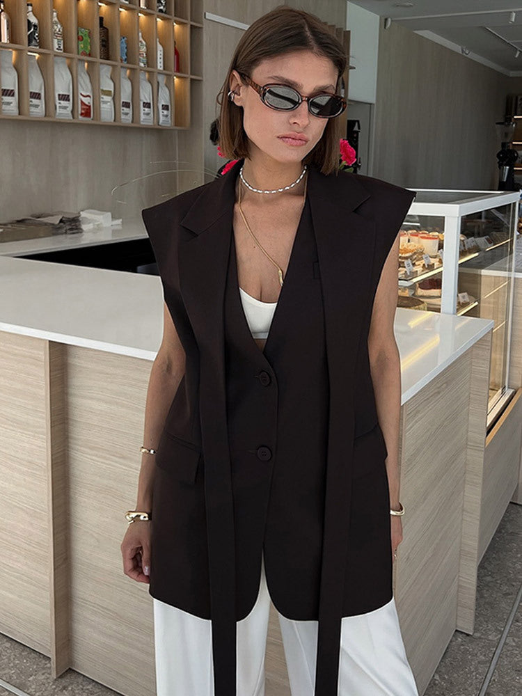 Damen Ärmellose Longblazer-Weste mit strukturierten Schultern und langen Bindebändern Drune