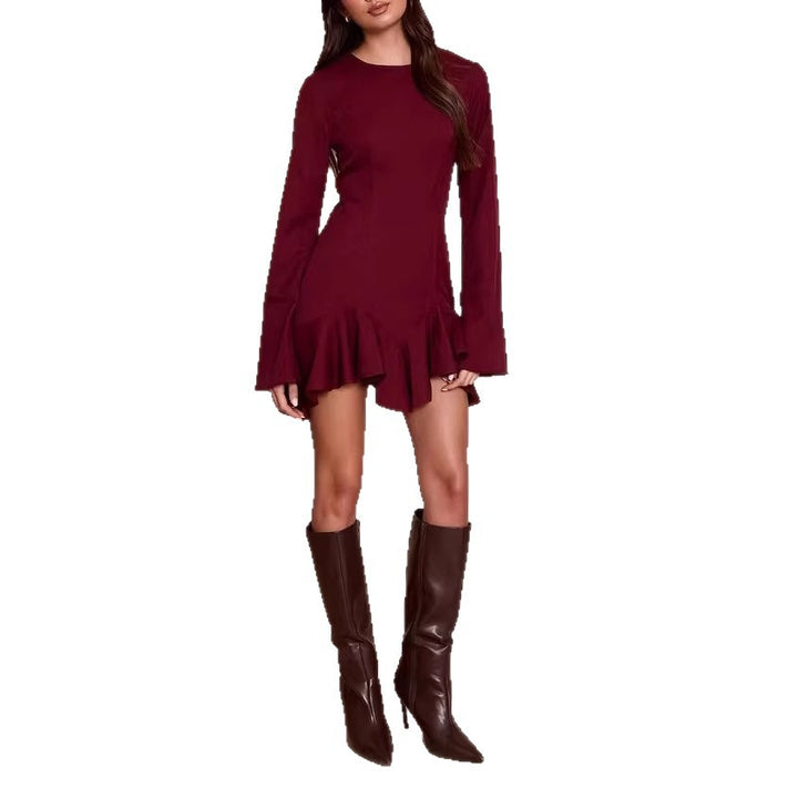 Damen Figurbetontes Langarm-Minikleid mit taillierten Nähten und Volant-Saum Drune
