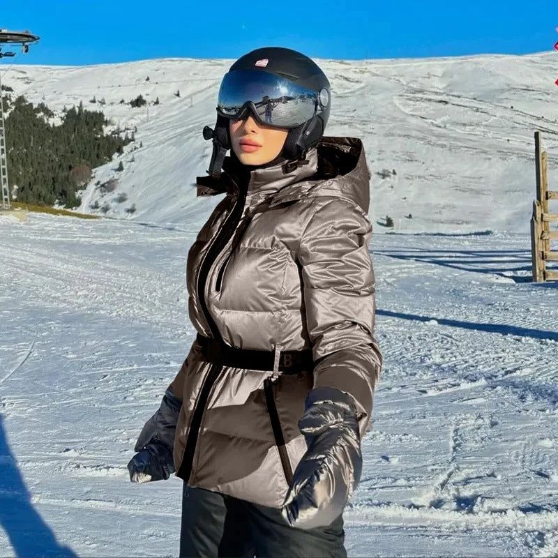 Damen warme Steppjacke mit abnehmbarer Kapuze und Taillengürtel Drune