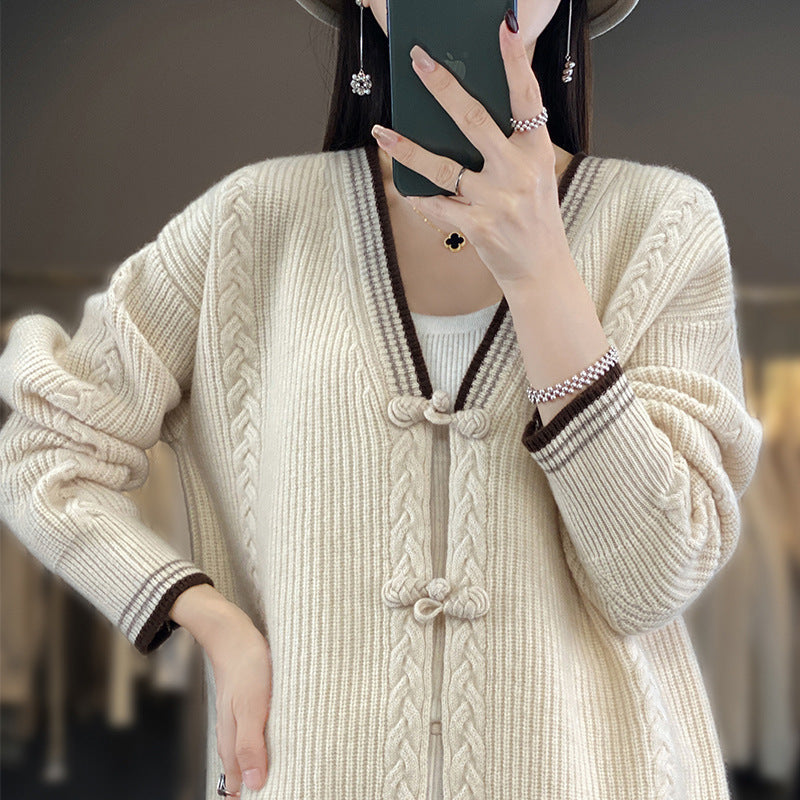 Damen Strickcardigan mit Zopfmuster und dekorativen Knotenverschlüssen Drune