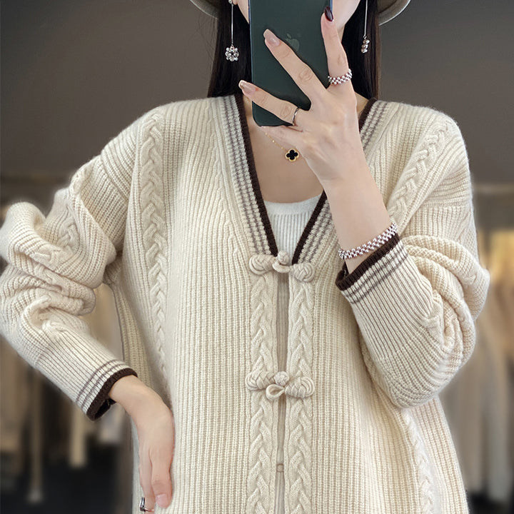 Damen Strickcardigan mit Zopfmuster und dekorativen Knotenverschlüssen Drune