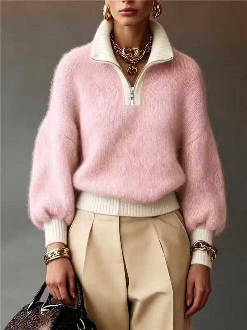Damen Flauschiger Pullover mit halbem Reißverschluss, Stehkragen und Ballonärmeln Drune