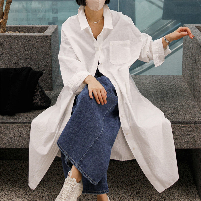 Damen Oversize-Hemdblusenkleid mit langem Saum und verdeckter Knopfleiste Drune