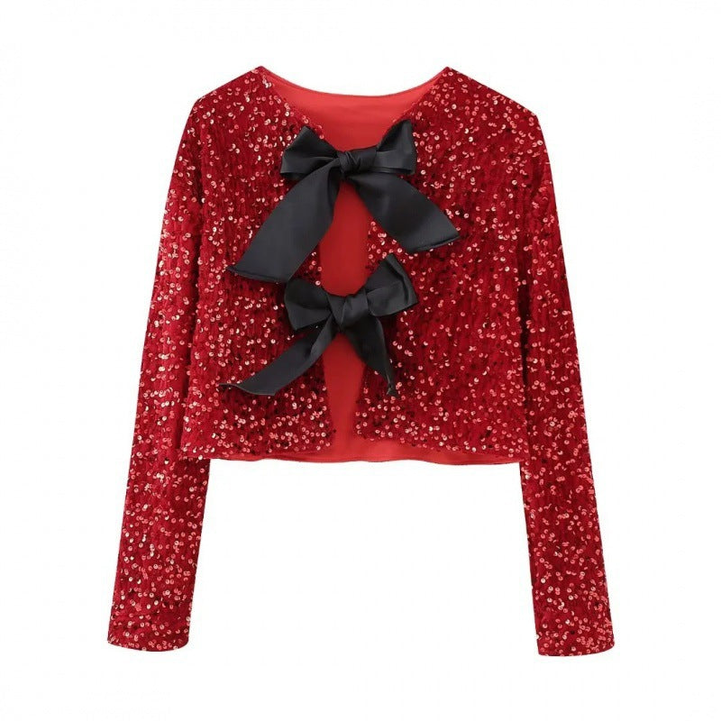 Damen Pailletten-Bolerojacke mit dekorativen Satin-Schleifen Drune