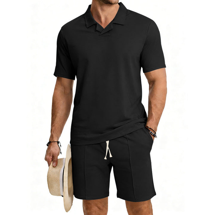 Herren nan kurzärmeliges Polo-Lounge-Set mit V-Einsatz am Kragen und Kordelzug-Bermuda Drune