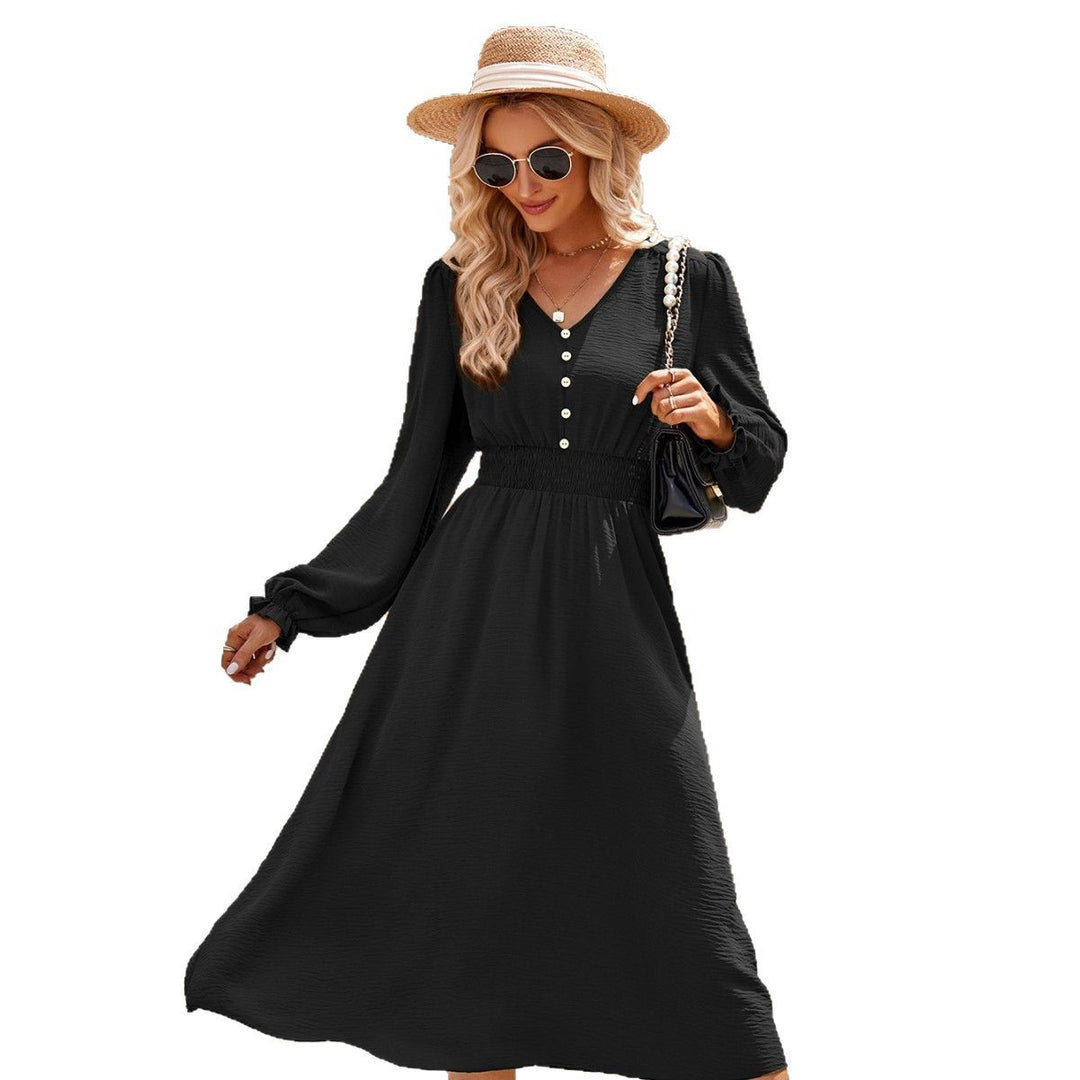 Damen Midikleid mit V-Ausschnitt, geraffter Smock-Taille und Knopfleiste Drune
