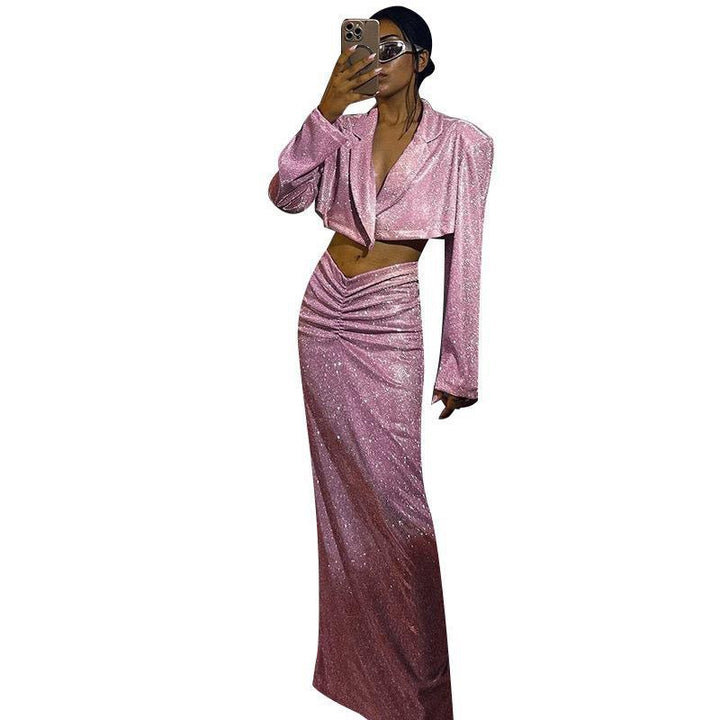 Damen Glitzerndes Crop-Oberteil und Wickelrock Set Drune