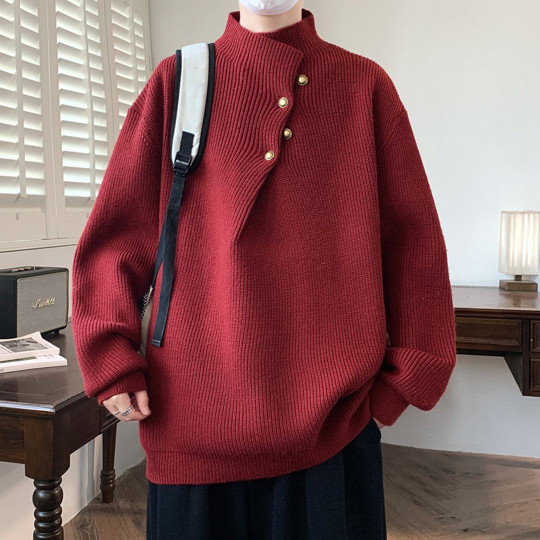 Herren Oversize-Rippenpullover mit asymmetrischem Knopfkragen Drune