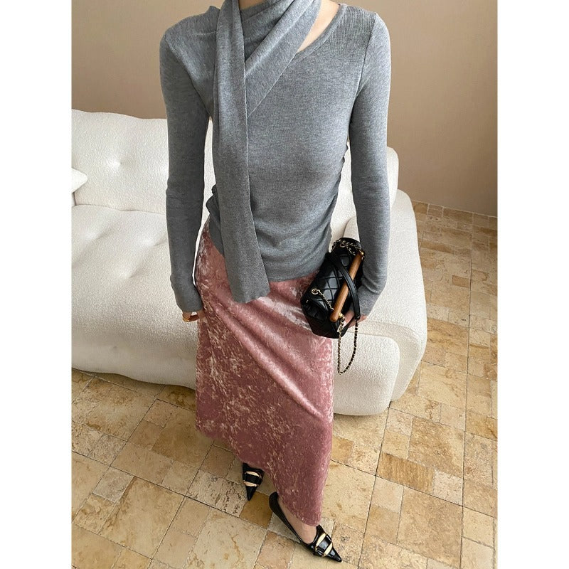 Damen elegantes Langarmoberteil mit Wickelkragen und figurbetontem Schnitt Drune