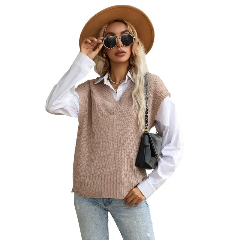 Damen Grobgestrickte Oversize-Weste mit tiefem V‑Ausschnitt und Rippsaum Drune