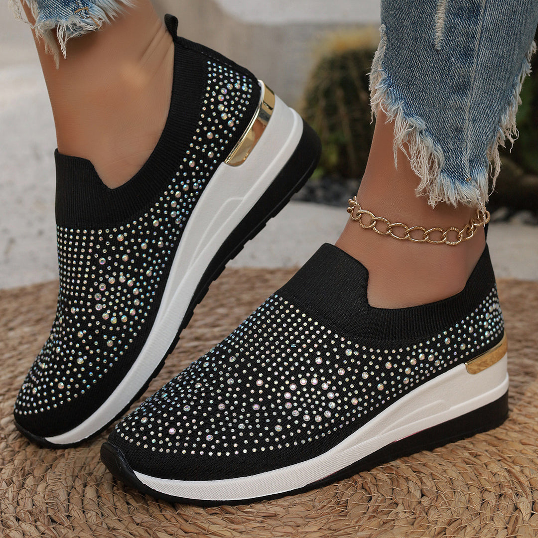 Damen  Strick Slip-On Sneaker mit funkelndem Strassbesatz, elastischem Einstieg und dämpfender Plateausohle Drune