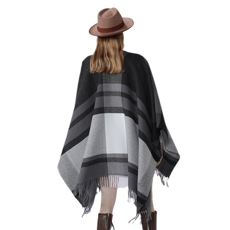 Damen Oversize Wollmix-Überwurf mit V-Ausschnitt und Fransen Drune